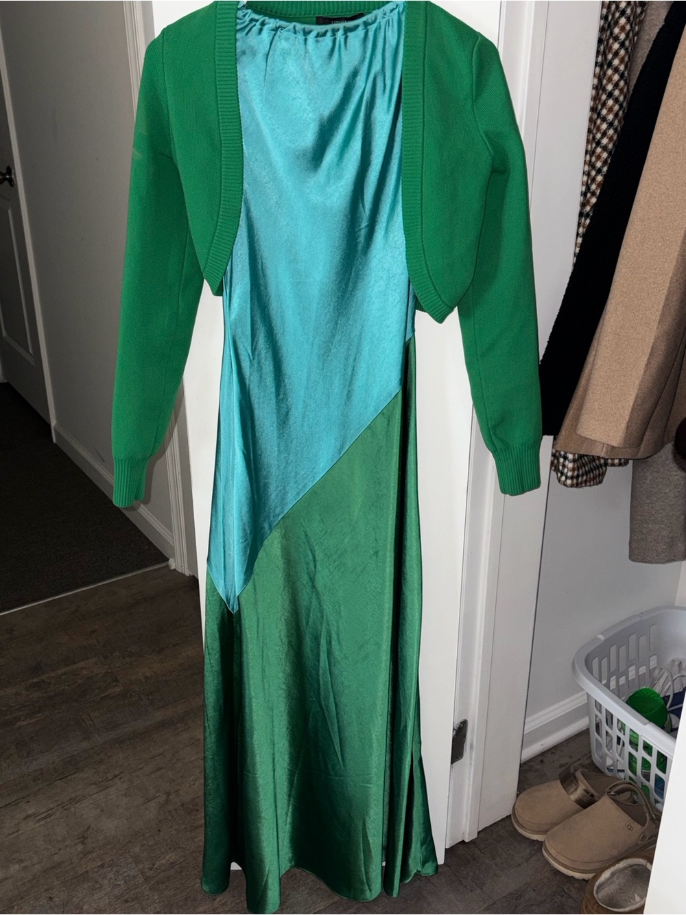 Sugarlips Teal and green Midi Slip Dress and Green Cartigan Forever 21